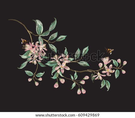 Embroidery trend floral pattern with branch of tropical japanese flowers. Vector traditional folk orange blossom and bees on black background for design ストックフォト © 