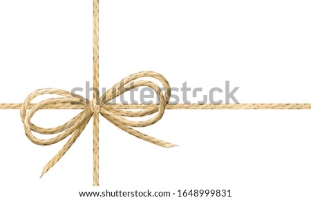 Linen string bow and thread gift wrapping vector illustration. Realistic linen material ribbon and string tidying.