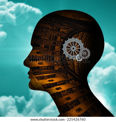 human head with gears sky and clouds background