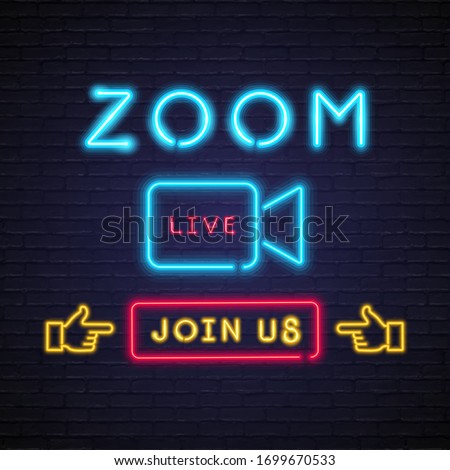 Zoom Video Meeting Neon Light Glowing Vector Illustration. Join Video Neon Social Media, Sign, VIsual