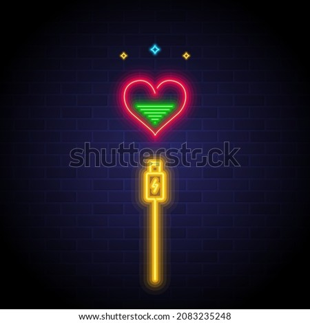 Heart energy with neon light elements. Battery and heart symbol bright color