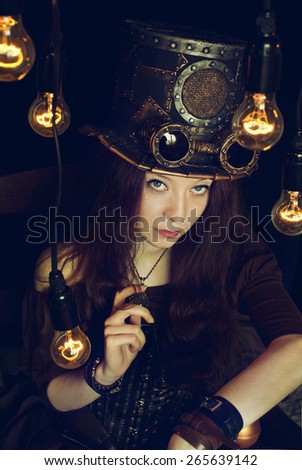 the girl in the hat in the style of steam punk with incandescent bulbs