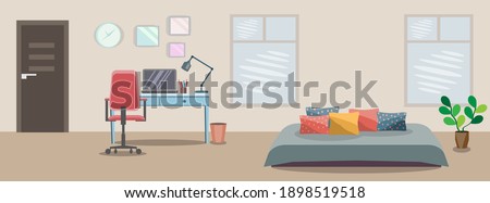 Study room with beautiful  bed and a desktop. Student room interior. Vector illustration