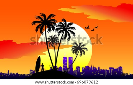 The concept of travel with sea and palm trees. Sleek design, vector illustration.