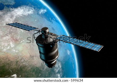 Satellite orbiting earth, photo-realistic high-res 3D rendering