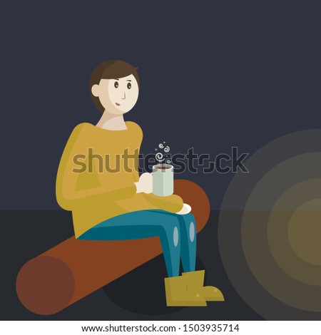 Illustration of a Boy Scout Sitting Beside a Bonfire Camping in the Forest with a mug of Tea i