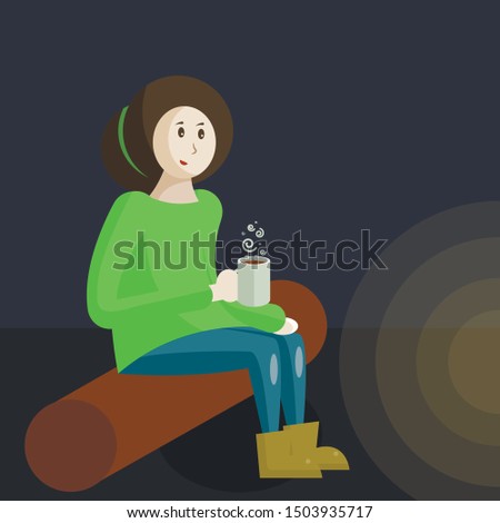 Illustration of a Girl Scout Sitting Beside a Bonfire Camping in the Forest with a mug of Tea i