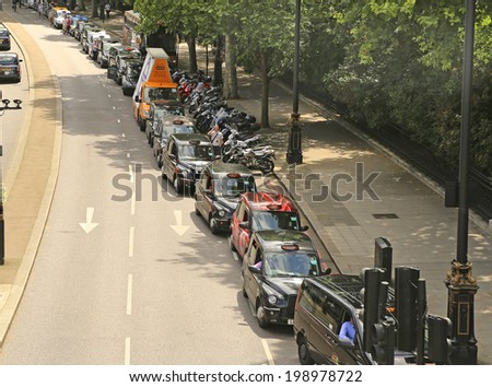 Licensed London Taxis demonstrate against TfL in London 11th June 2014 in Pall Mall - aerial view
