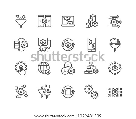 Simple Set of Data Processing Related Vector Line Icons. 
Contains such Icons as Filter, Gear, Scheme and more.
Editable Stroke. 48x48 Pixel Perfect.