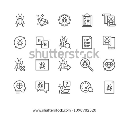 Simple Set of Quality Assurance Related Vector Line Icons. Contains such Icons as UI Testing, Bug Report, Test Case and more. Editable Stroke. 48x48 Pixel Perfect.