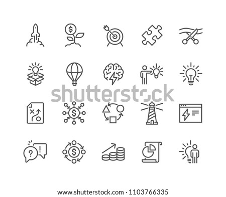 Simple Set of Startup Related Vector Line Icons. 
Contains such Icons as Goal, Out of the Box Idea, Launch Project and more.
Editable Stroke. 48x48 Pixel Perfect.

