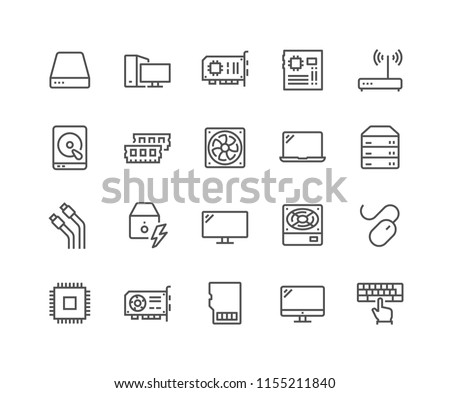 Simple Set of Computer Components Related Vector Line Icons. Contains such Icons as CPU, RAM, Power Adapter, Cables and more. Editable Stroke. 48x48 Pixel Perfect.