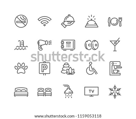 Simple Set of Hotel Related Vector Line Icons. Contains such Icons as One Large and Two Separate Beds, Air Conditioning, Wi-Fi and more. Editable Stroke. 48x48 Pixel Perfect.