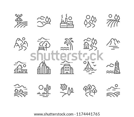 Simple Set of Landscape Related Vector Line Icons. Contains such Icons as Farm, Megapolis, Desert and more. Editable Stroke. 48x48 Pixel Perfect. ストックフォト © 