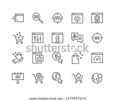 Simple Set of SEO Related Vector Line Icons. Contains such Icons as Target Audience, Increase Sales, Web-site Performance and more. Editable Stroke. 48x48 Pixel Perfect.