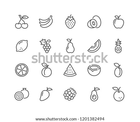 Simple Set of Fruits Related Vector Line Icons. Contains such Icons as Strawberry, Orange, Watermelon and more. Editable Stroke. 48x48 Pixel Perfect.