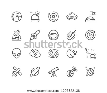 Simple Set of Space Related Vector Line Icons. Contains such Icons as Observatory, Planet Earth, Alien and more. Editable Stroke. 48x48 Pixel Perfect.
