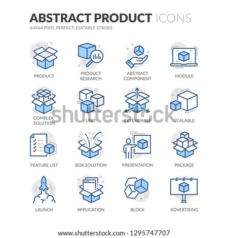 Simple Set of Abstract Product Related Vector Line Icons. Contains such Icons as Product Research, Module, Application and more. Editable Stroke. 64x64 Pixel Perfect.