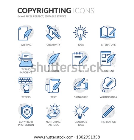 Simple Set of Copyrighting Related Vector Line Icons. Contains such Icons as Typing Machine, Signature, Creative Process and more. Editable Stroke. 64x64 Pixel Perfect.