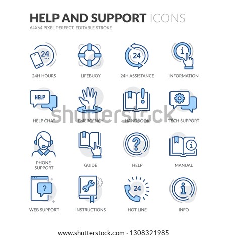 Simple Set of Help And Support Related Vector Line Icons. Contains such Icons as Handbook, Online Help, Tech Support and more. Editable Stroke. 64x64 Pixel Perfect.