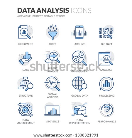 Simple Set of Data Analysis Related Vector Line Icons. Contains such Icons as Big Data, Processing, Performance and more. Editable Stroke. 64x64 Pixel Perfect.