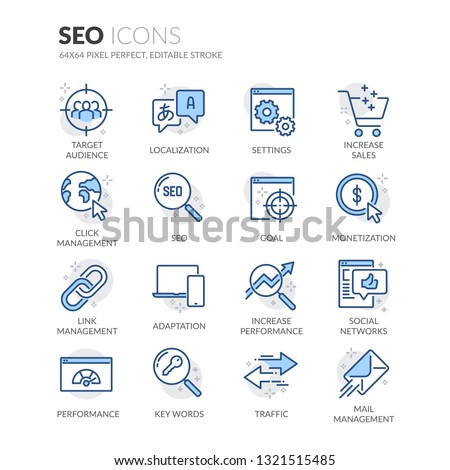 Simple Set of SEO Related Vector Line Icons. Contains such Icons as Localization, Traffic, Performance Tracking and more. Editable Stroke. 64x64 Pixel Perfect.