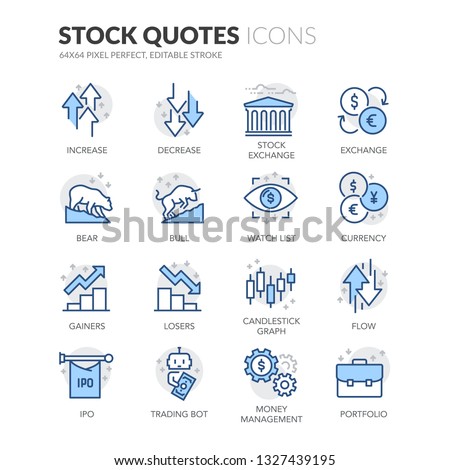 Simple Set of Stock Quotes Related Vector Line Icons. Contains such Icons as IPO, Portfolio, Money Management and more. Editable Stroke. 64x64 Pixel Perfect.