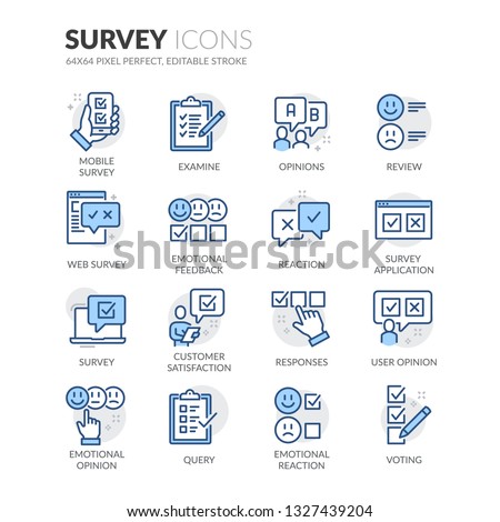 Simple Set of Survey Related Vector Line Icons. Contains such Icons as Review, Customer Opinion, Web Survey and more. Editable Stroke. 64x64 Pixel Perfect.