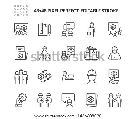 Simple Set of Engineering People Related Vector Line Icons. Contains such Icons as Teamwork, Tech Presentation, Communication and more. Editable Stroke. 48x48 Pixel Perfect.