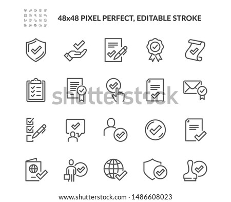 Simple Set of Approve Related Vector Line Icons. Contains such Icons as Protection Guarantee, Accepted Document, Quality Check and more.
Editable Stroke. 48x48 Pixel Perfect. Foto d'archivio © 