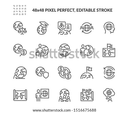 Simple Set of Global Business Related Vector Line Icons. Contains such Icons as World Map, Outsource, Financial Transactions and more. Editable Stroke. 48x48 Pixel Perfect.