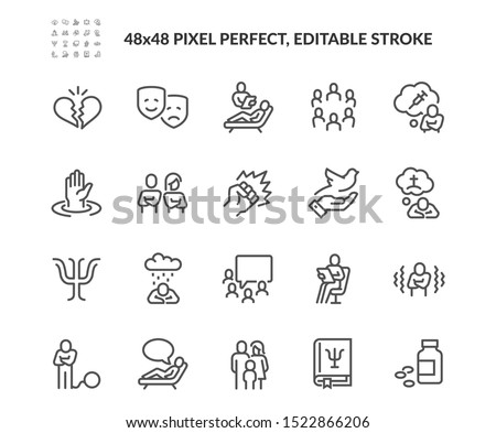Simple Set of Psychology Related Vector Line Icons. Contains such Icons as Family Relationship, Group Therapy, Addiction and more. Editable Stroke. 48x48 Pixel Perfect. Foto d'archivio © 