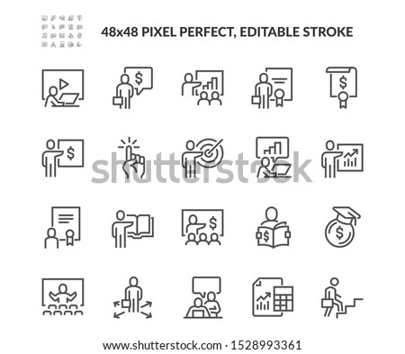 Simple Set of Business Training Related Vector Line Icons. Contains such Icons as Presentation, Class, Mentoring and more. Editable Stroke. 48x48 Pixel Perfect.