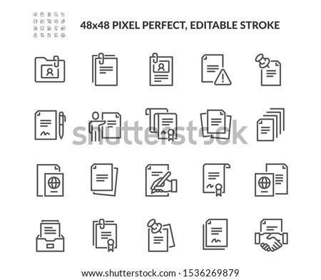 Simple Set of Documents Related Vector Line Icons. Contains such Icons as Contract, Passport, Blank Pages and more. Editable Stroke. 48x48 Pixel Perfect.