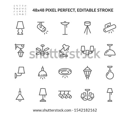 Simple Set of Lamps Related Vector Line Icons. Contains such Icons as Table Lamp, Floor Light, Spotlight and more. Editable Stroke. 48x48 Pixel Perfect.
