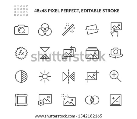 Simple Set of Image Editing Related Vector Line Icons. Contains such Icons as Image Gallery, Auto Correction, Adjustments and more. Editable Stroke. 48x48 Pixel Perfect. 商業照片 © 
