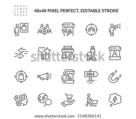 Simple Set of Marketing Strategy Related Vector Line Icons. 
Contains such Icons as Product Presentation, Seller, Buyer and more.
Editable Stroke. 48x48 Pixel Perfect.