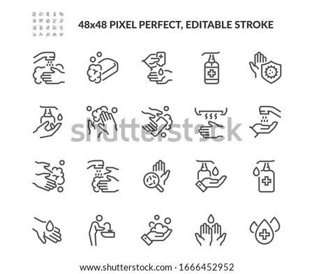 Simple Set of Washing Hands Related Vector Line Icons. Contains such Icons as Washing Instruction,  Antiseptic, Soap and more. Editable Stroke. 48x48 Pixel Perfect. Stock foto © 