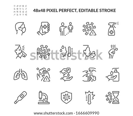 Simple Set of Coronavirus Protection Related Vector Line Icons. 
Contains such Icons as Protective Measures, Coronavirus Symptoms, Incubation Period and more. Editable Stroke. 48x48 Pixel Perfect. ストックフォト © 