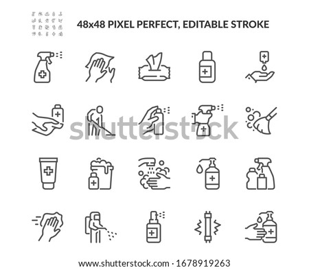 Simple Set of Disinfection and Cleaning Related Vector Line Icons. 
Contains such Icons as Man in Disinfection Protective Suite, Sanitizer, Spray more. Editable Stroke. 48x48 Pixel Perfect. Photo stock © 