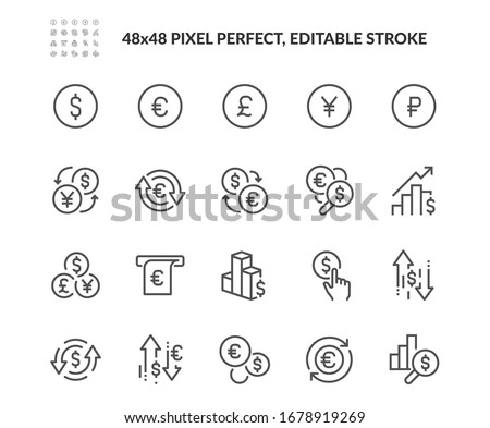 Simple Set of Currency Related Vector Line Icons. Contains such Icons as Exchange Rate and Currency Forecast, Change Graph. Editable Stroke. 48x48 Pixel Perfect.