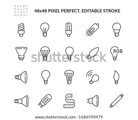 Simple Set of Light Bulb Related Vector Line Icons. Contains such Icons as RBG stripe, Classic Lamp, Halogen Tube and more. Editable Stroke. 48x48 Pixel Perfect.