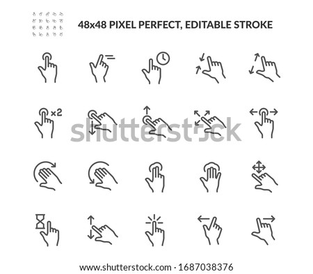 Simple Set of Gesture Related Vector Line Icons. Contains such Icons as Zoom, Move, Tap and more. Editable Stroke. 48x48 Pixel Perfect.