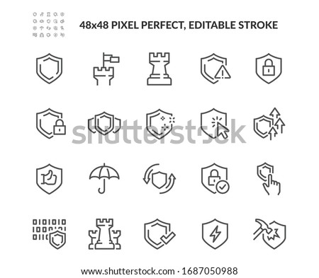 Simple Set of Defense Related Vector Line Icons. Contains such Icons as Computer Security, Umbrella, Shield and more. Editable Stroke. 48x48 Pixel Perfect.