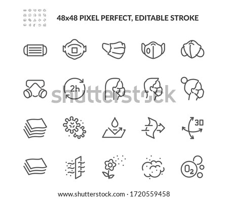 Simple Set of Face Mask Related Vector Line Icons. Contains such Icons as Respirator, Surgery mask, Dust and more. Editable Stroke. 48x48 Pixel Perfect.