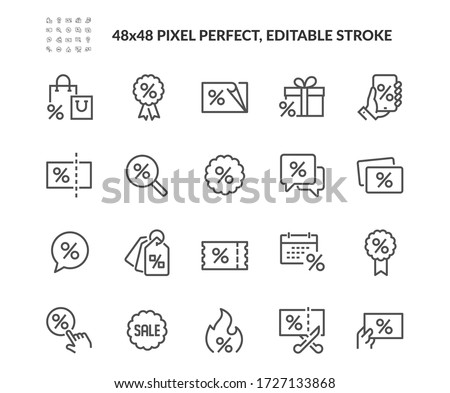 Simple Set of Discount Related Vector Line Icons. Contains such Icons as Coupon, Ribbon with Percent Sign, Discount Code and more. Editable Stroke. 48x48 Pixel Perfect.