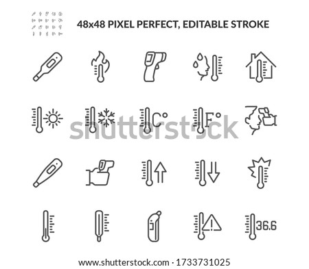 Simple Set of Temperature Related Vector Line Icons. Contains such Icons as Thermometer, Pyrometer, Body Temperature Check and more. Editable Stroke. 48x48 Pixel Perfect.