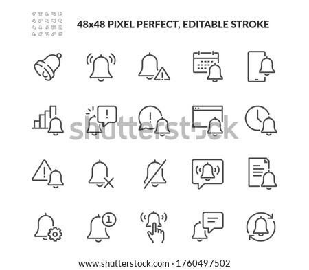 Simple Set of Notification Related Vector Line Icons. Contains such Icons as Mute, Notice, Notification Bell and more. Editable Stroke. 48x48 Pixel Perfect. ストックフォト © 