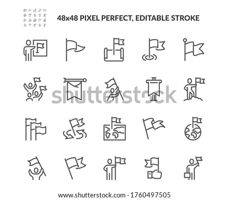 Simple Set of Flag Related Vector Line Icons. Contains such Icons as Achievement, Victory, Map with a Flag and more. Editable Stroke. 48x48 Pixel Perfect. Stockfoto © 