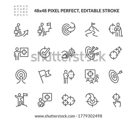 Simple Set of Target and Goal Related Vector Line Icons. Contains such Icons as Achievement, Business goal, Mission Path and more. Editable Stroke. 48x48 Pixel Perfect. Stockfoto © 